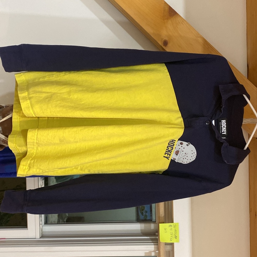 Hockey, long sleeve, partial button up blue and yellow